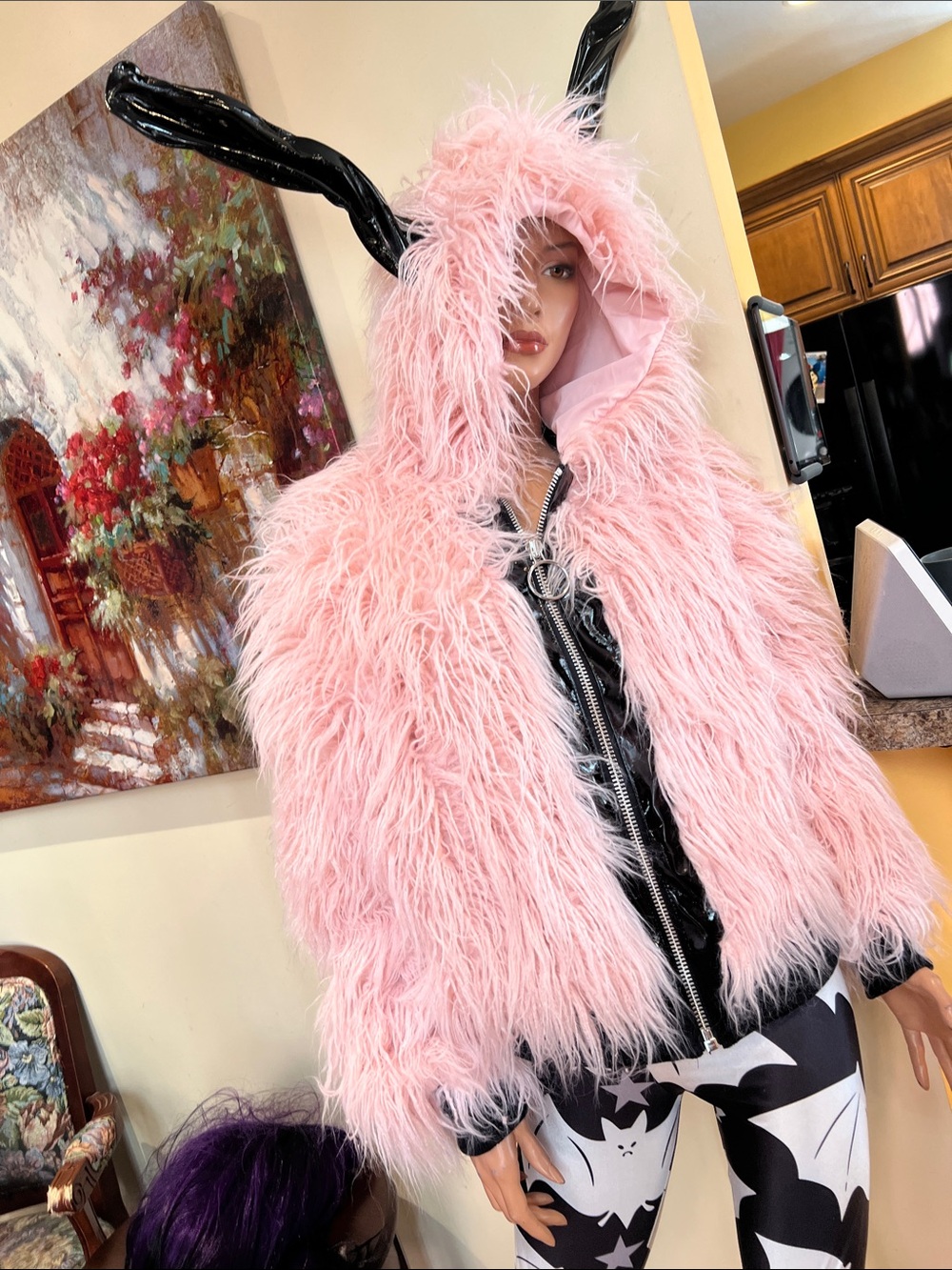 Dolls Kill pink black Bunny Ears S Nocturnal Critter Faux Fur Jacket coat